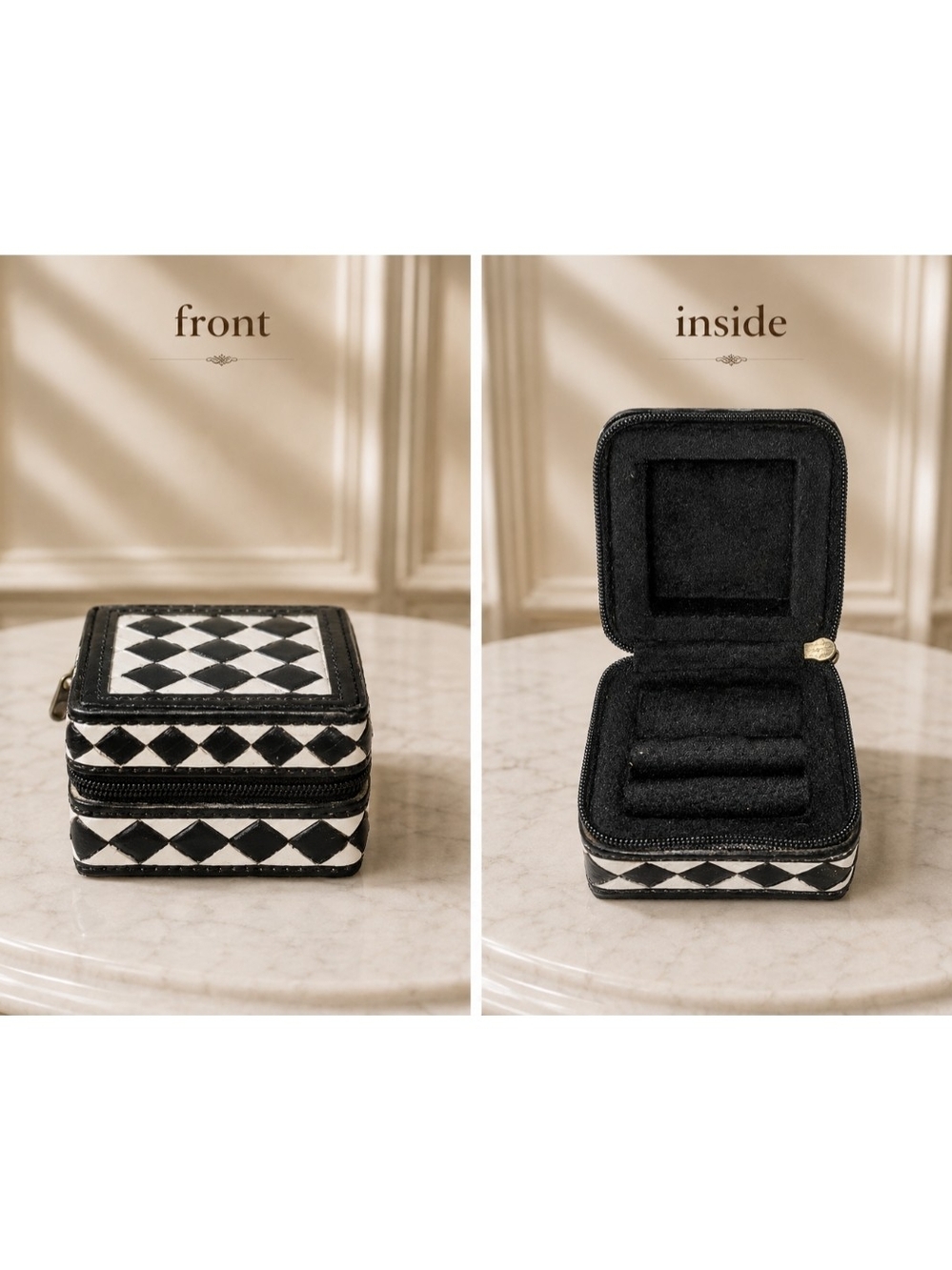 Brand New - Cowhide Black & White Mini Diamond-patterned Travel Jewelry Case